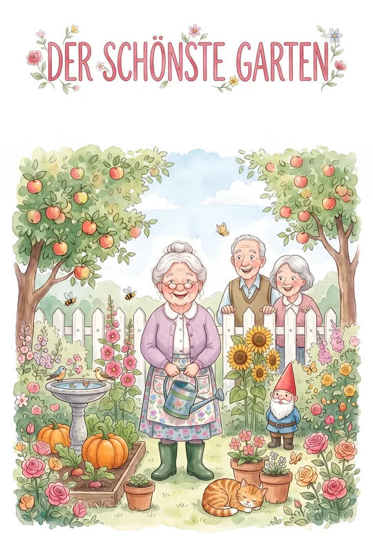 Gezeichnete Szene: Helga gießt ihren Garten, den schönsten der Straße