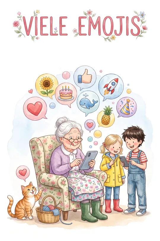 Gezeichnete Szene: Helga schreibt Nachrichten voller Emojis, die Enkel schauen zu