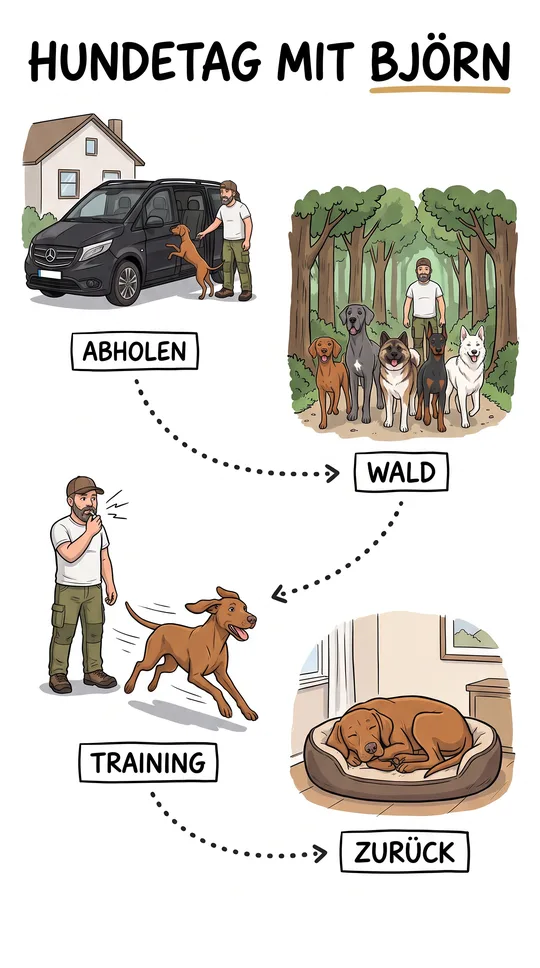 Gezeichnete Szene: Hundetag mit Björn in vier Stationen, Abholen, Wald, Training, Zurück