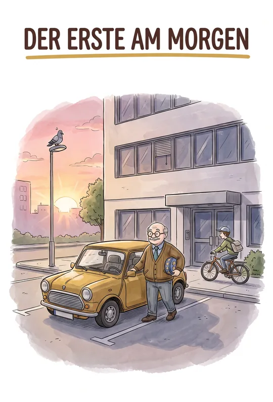 Gezeichnete Szene: Klaus parkt morgens als Erster auf dem guten Parkplatz