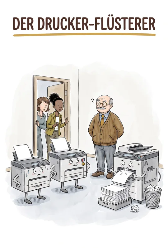 Gezeichnete Szene: Klaus und die Drucker, die Respekt vor ihm haben