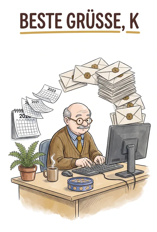 Gezeichnete Szene: Klaus am Schreibtisch mit einem Stapel Mails